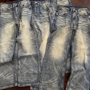 子 男女cleanfit宽松直筒长裤 美式 复古街头压痕水洗猫须磨白牛仔裤