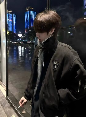 黑色美式座山雕毛领棉服男十字架加厚痞帅保暖外套冬季情侣棉衣潮
