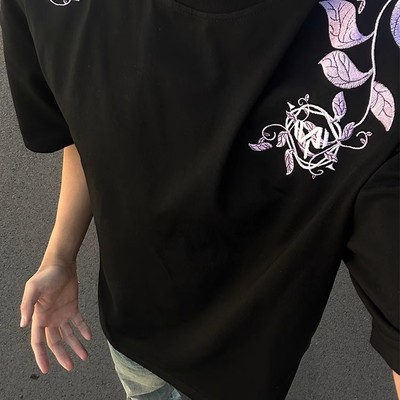 美式高街花卉刺绣短袖t恤男女夏季新款潮牌宽松重磅纯棉情侣半袖
