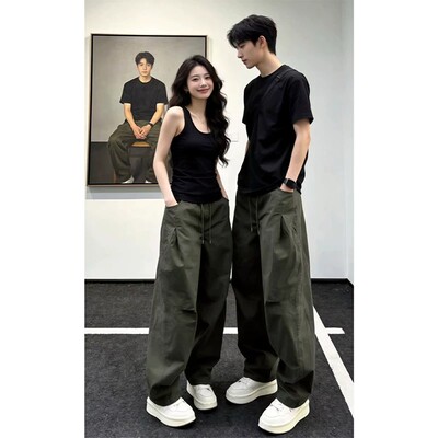 美式复古褶皱军绿色工装裤男女潮牌夏季新款阔腿宽松直筒休闲长裤