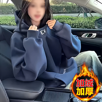 藏青色高领连帽卫衣男女秋冬季套头加绒加厚上衣美式宽松刺绣外套