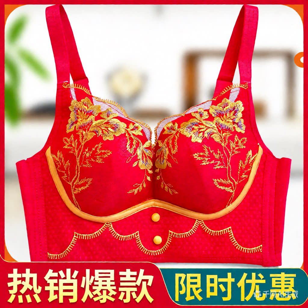 2026马年红色本命年内衣女小胸聚拢无钢圈收副乳调整型文胸中厚杯