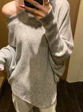 Romantic echo灰色斜肩蝙蝠袖毛衣秋季长袖针织衫宽松中长款上衣