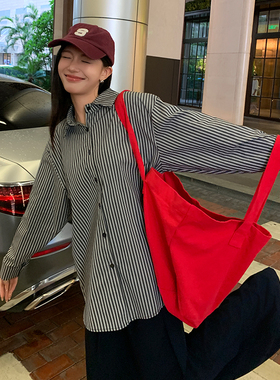 Romantic echo廓形条纹衬衫外套女韩系宽松深灰色衬衣长袖上衣