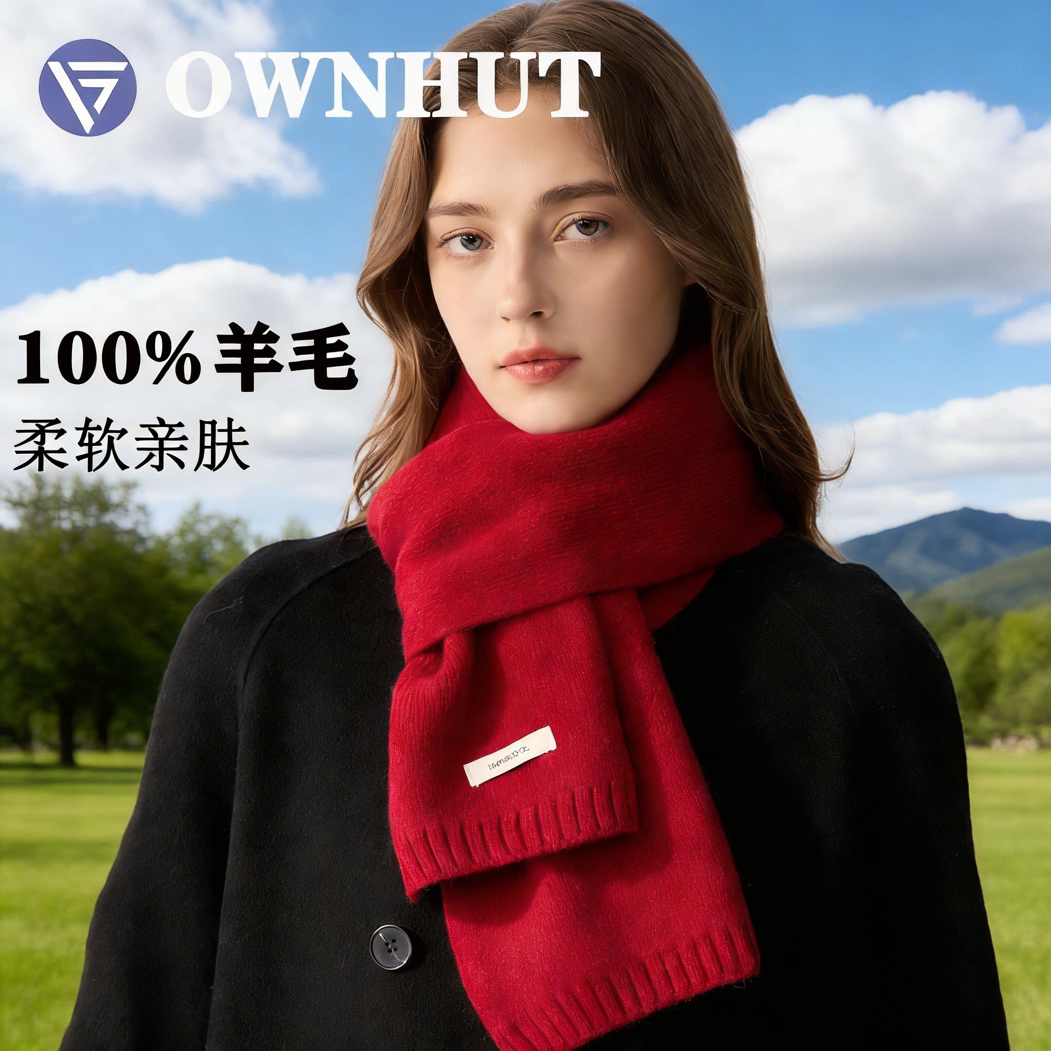 OWNHUT冬季100%红色纯羊毛围巾百搭保暖加厚针织围脖高级感礼盒装