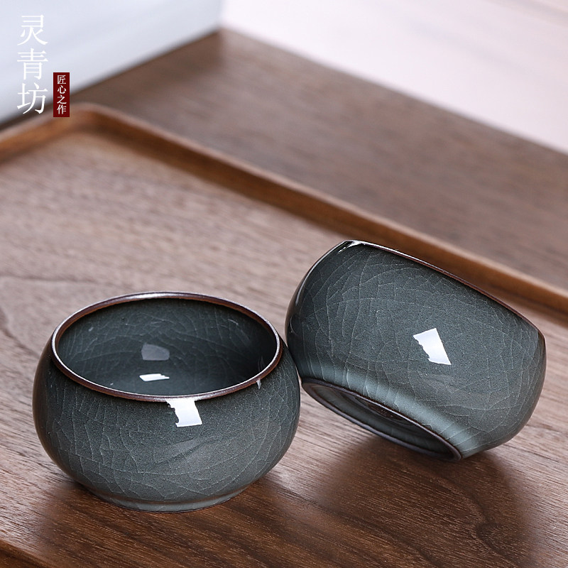 功夫茶杯单个青瓷茶具品茗杯家用哥窑铁胎冰裂茶盏陶瓷主人杯单杯