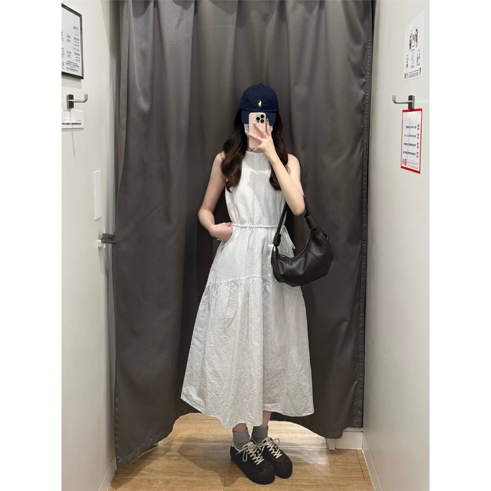 女装棉麻条纹层叠连衣裙