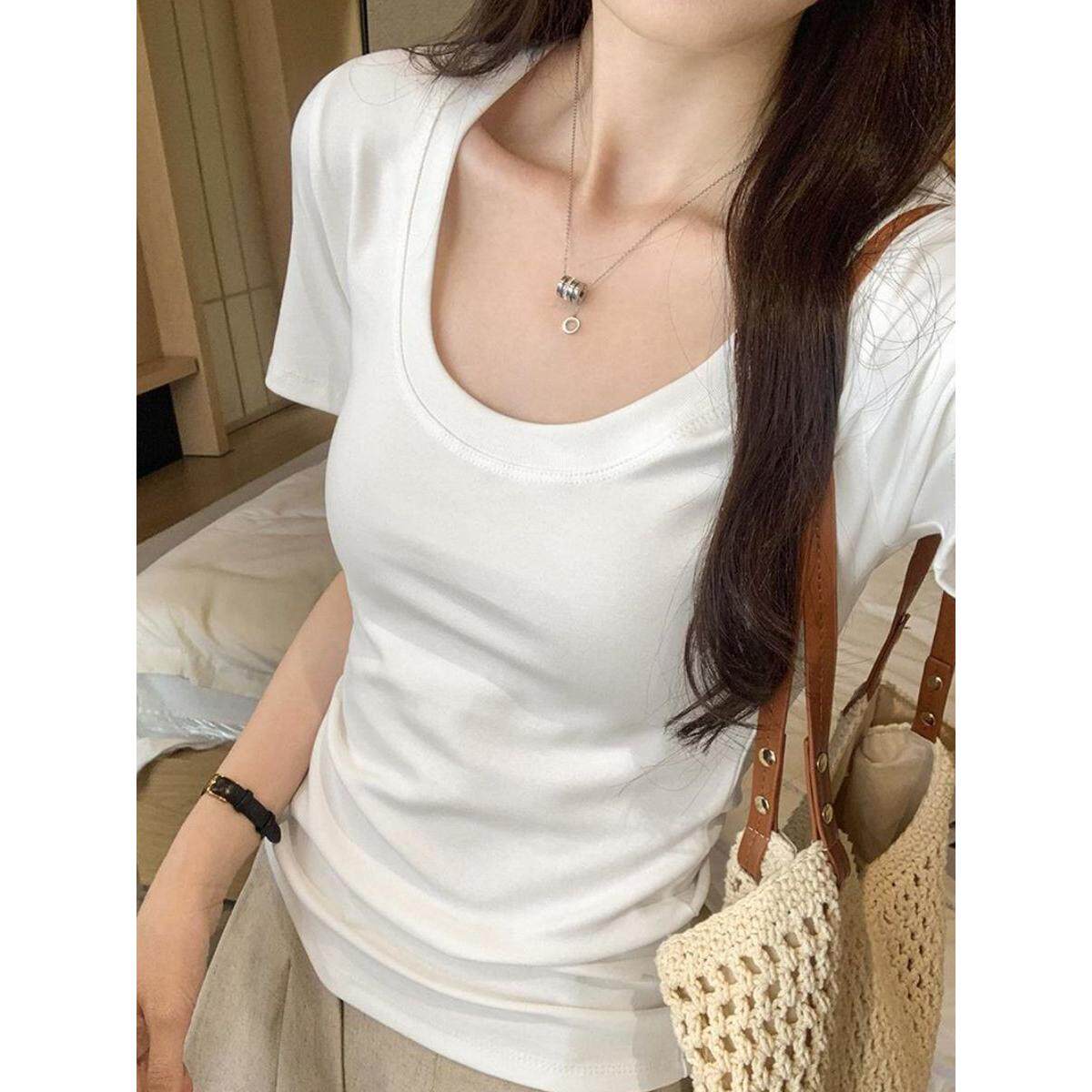 【220克92%棉+8%氨纶】夏季性感修身显瘦正肩U型领短袖t恤女潮流1