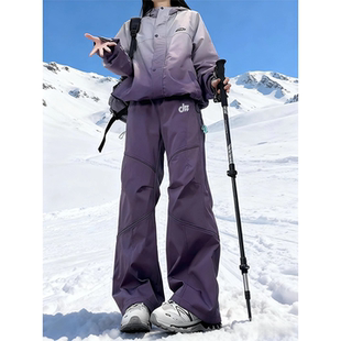 徒步登山裤 德国滑雪裤 防寒冲锋裤 冬季 女防水防风紫色加绒冲锋裤