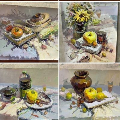 成品现成色彩手绘水粉静物现货4开色彩陶罐水果4k色彩素描画成品