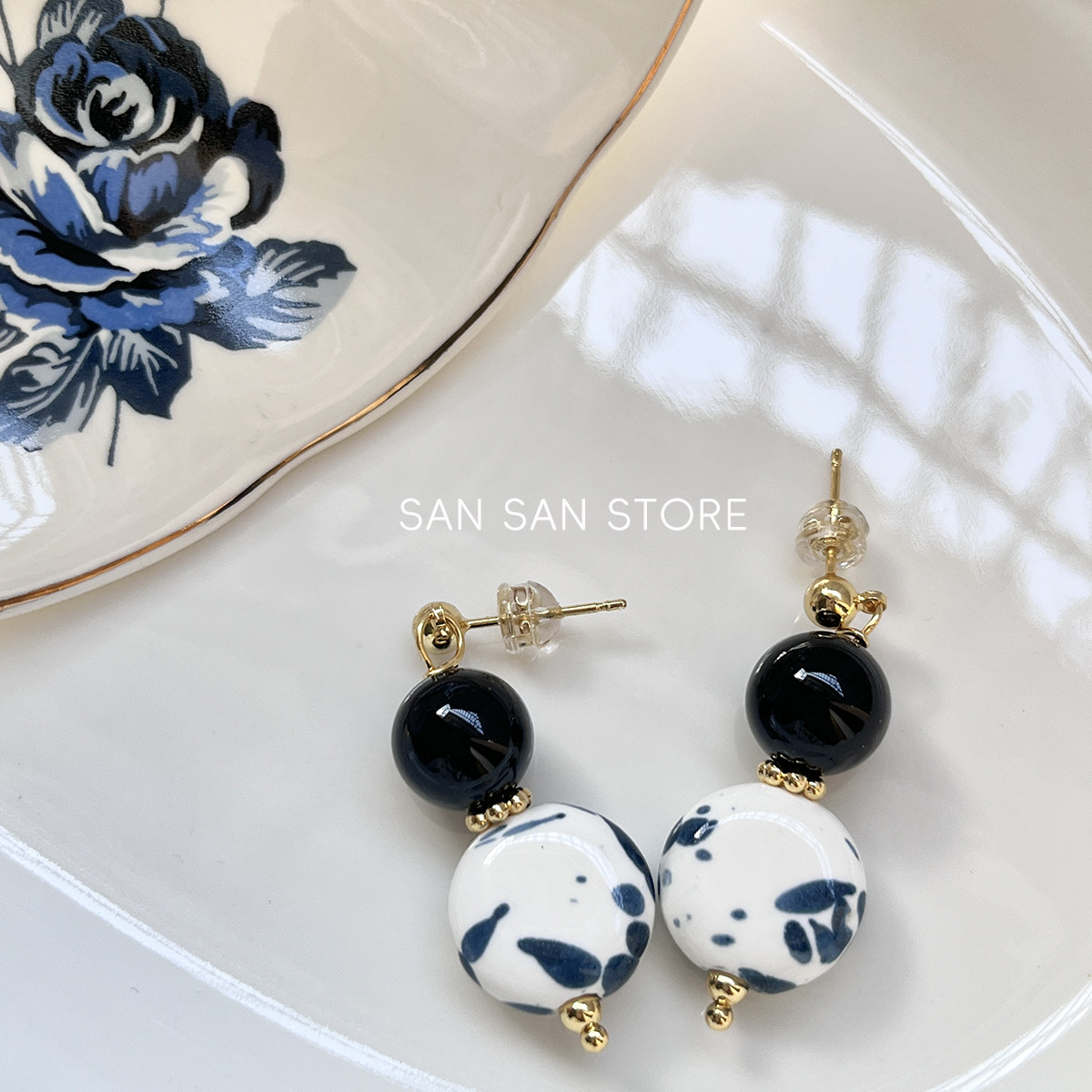 青花瓷原创设计耳夹黑玛瑙串珠耳环新中式小众百搭国风水墨蓝耳钉