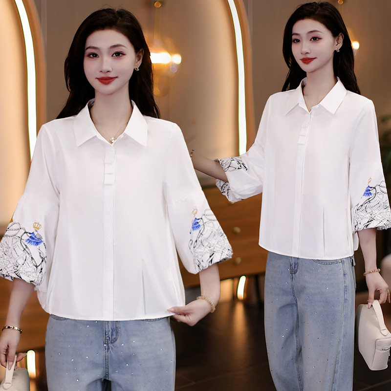 设计感小众印花灯笼袖衬衫女2026春夏新款宽松百搭休闲翻领上衣潮