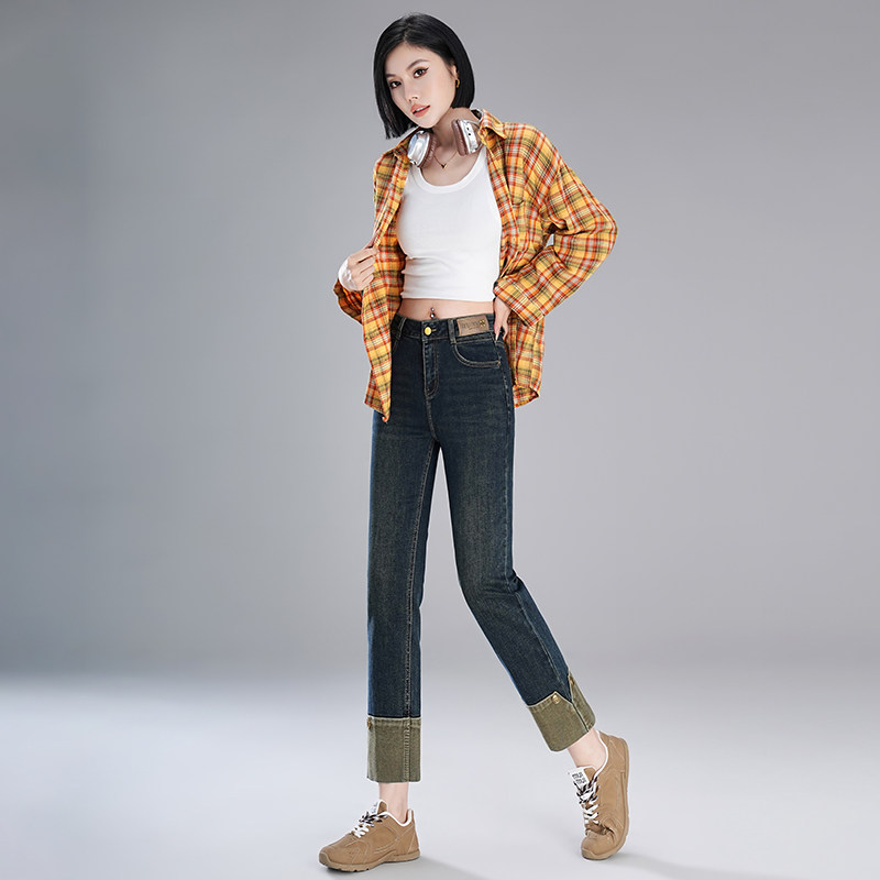 烟管牛仔裤女秋季2024新款高腰显瘦卷边小直筒裤小个子九分哈伦裤