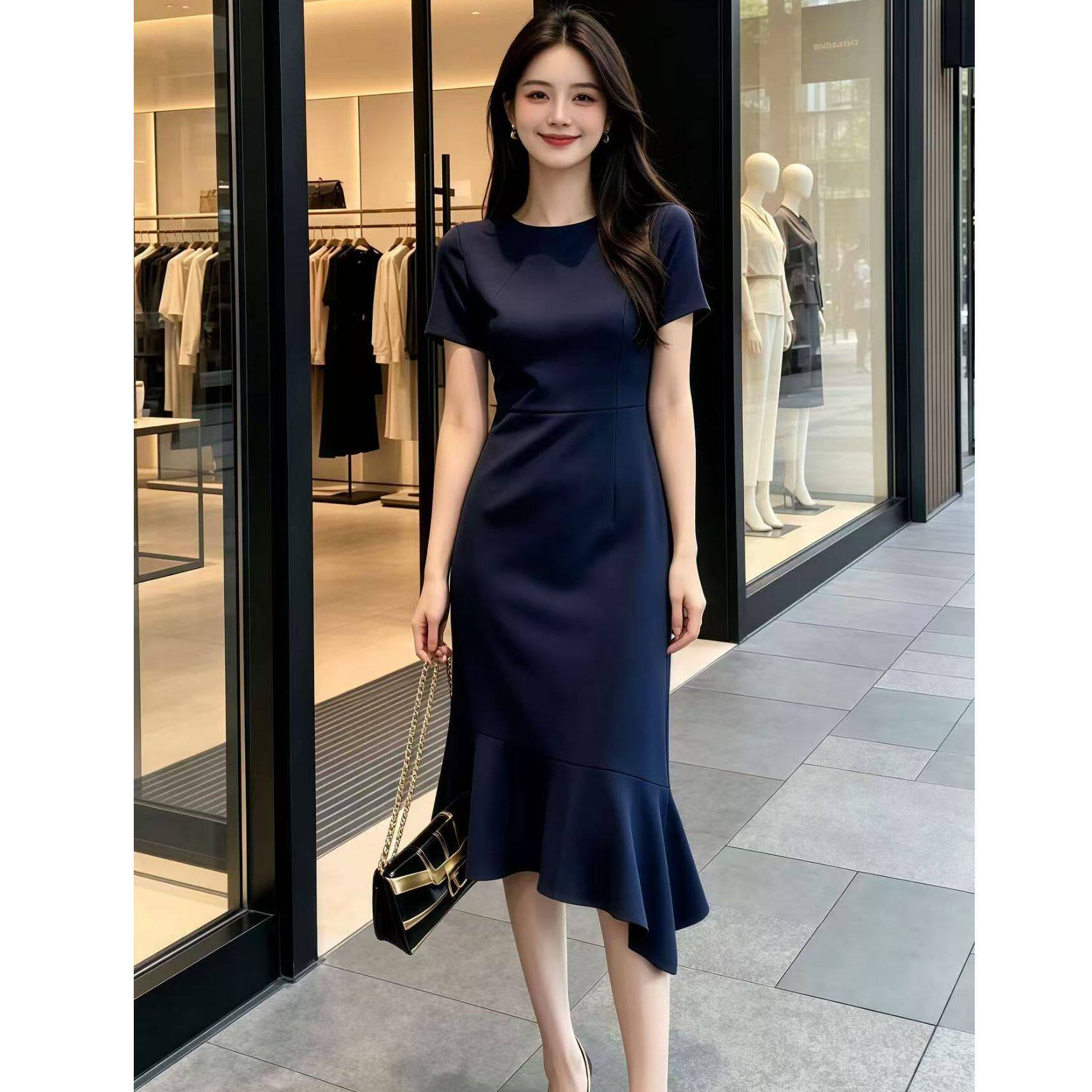 时尚法式甜妹风短袖收腰显瘦中长款连衣裙女2026夏季新款百搭潮流