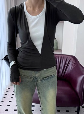 现货RARELY可调节V领修身针织上衣天丝羊毛显瘦叠穿T恤女2024新品