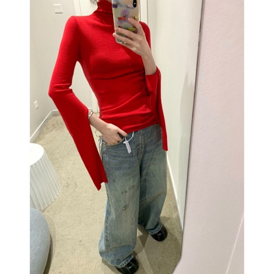 2023早春Liegee高领袖子开衩羊毛针织打底衫修身百搭纯色气质上衣