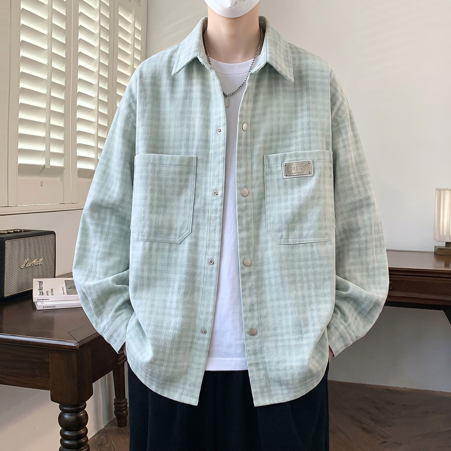 春秋新款潮流百搭翻领外套青少年宽松格子长袖港风夹克时尚上衣服