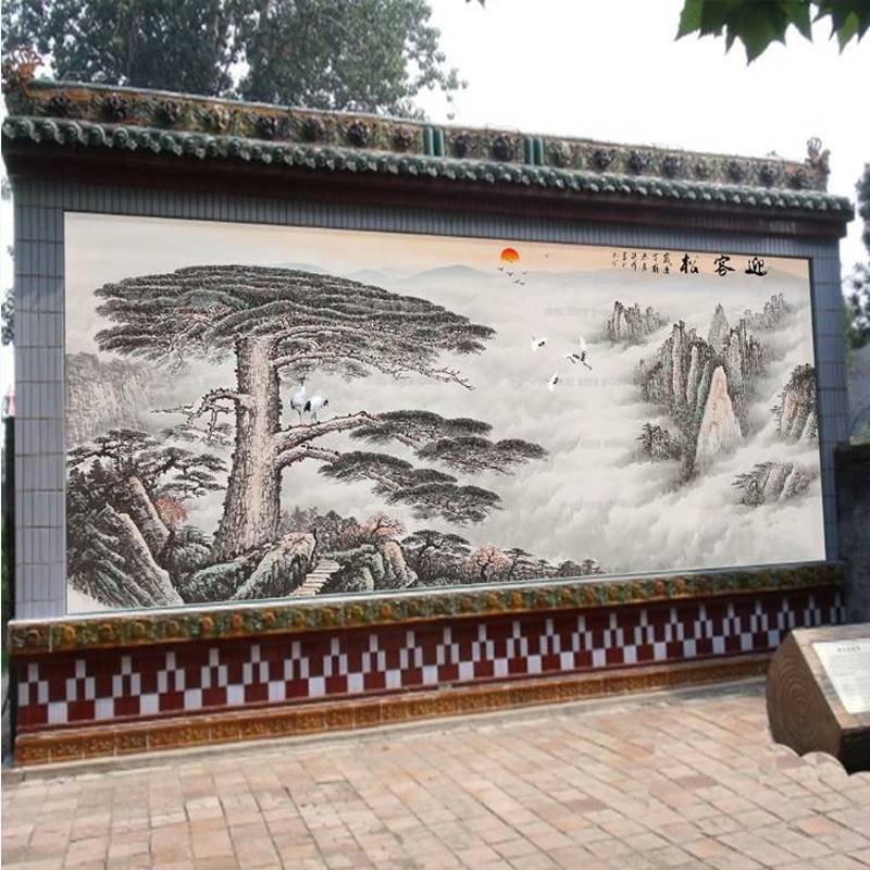 农村大门庭院影壁墙照壁墙瓷砖壁画背景户外迎门墙装饰山水风景画