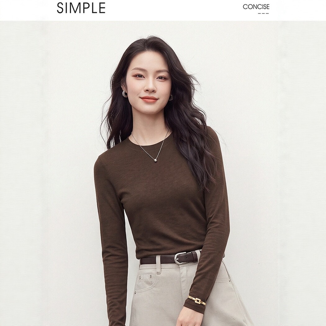 高弹力莫代尔棉修身长袖T恤女