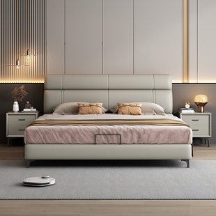 联邦家具现代简约高端实木双人皮床主卧大床意式 极简轻奢真皮主卧