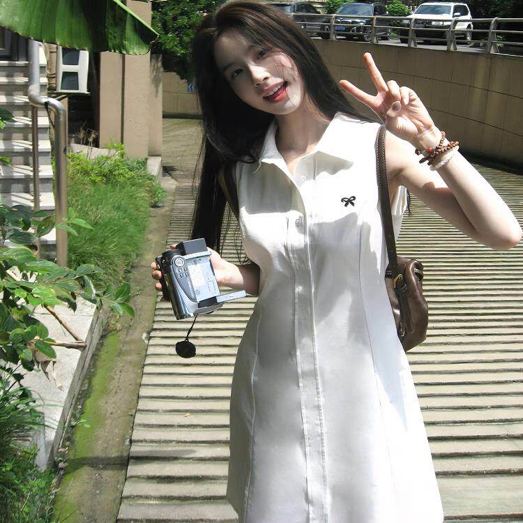 白色连衣裙女夏2025新款法式初恋小白裙子小个子高级感无袖衬衫裙