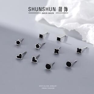 s999足银滴胶四叶草耳钉男女通用简约气质几何滴釉养耳洞纯银耳饰