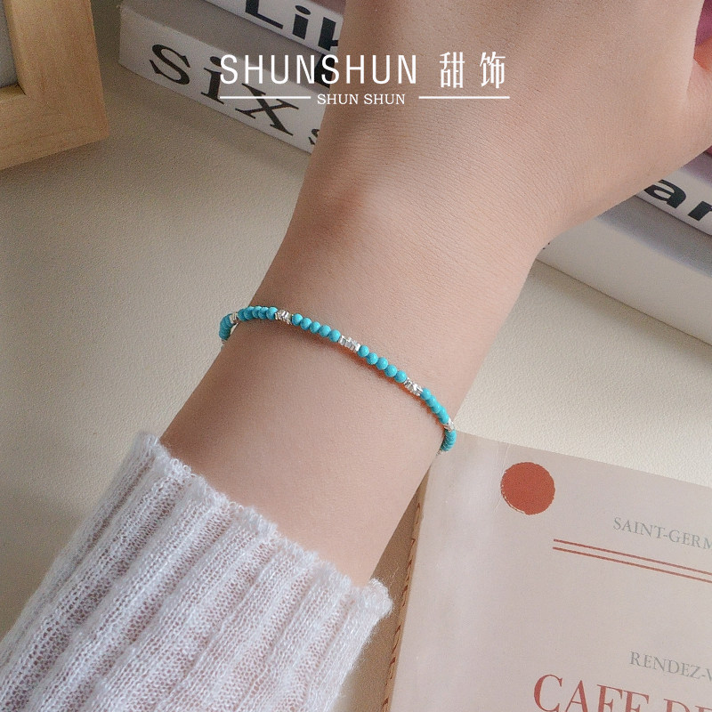 原矿天然绿松石碎银子手链女生时尚清新S925纯银手串简约百搭手饰