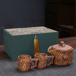 手工粗陶复古树桩一壶两杯套装 单壶泡茶壶冲茶器陶瓷茶具