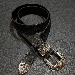 DFDG中古满印雕花牛皮腰带小众设计重工金属vintage风做旧皮带