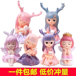 鹿角女孩蛋糕装饰摆件网红幽静之鹿公主抱猫小鹿创意生日烘焙插件