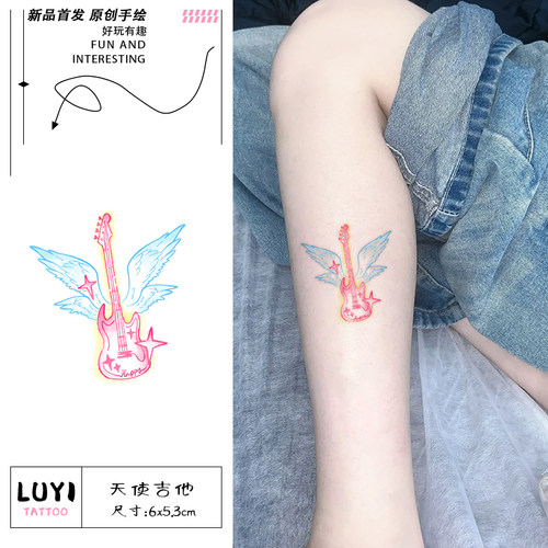 天使吉他 彩色纹身贴纸女防水持久遮疤腿部锁骨手臂腰ins高级感