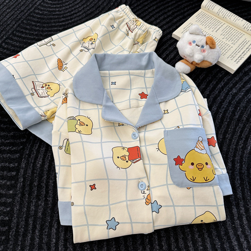 纯棉小鸡印花睡衣套装女生夏季慵懒风开衫短袖短裤家居服两件套潮