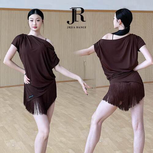 .DANCE新款斜肩f短袖拉丁舞上衣练功服女国标舞服连衣裙夏R179