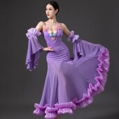 鲸艺摩登舞套装 专业表演服艺考大摆裙花朵拼j接送飘带多色可选女