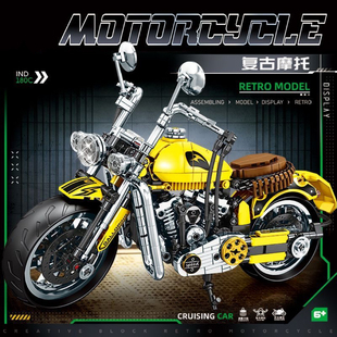 2025新款复古摩托车积木玩具儿童益智拼装小颗粒礼物男孩机车模型