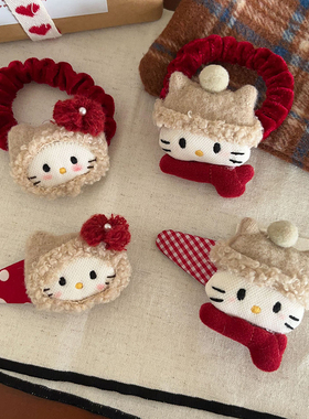 秋冬新款！红色系毛绒KT玩偶发绳发夹可爱波点格子bb夹丸子头皮筋