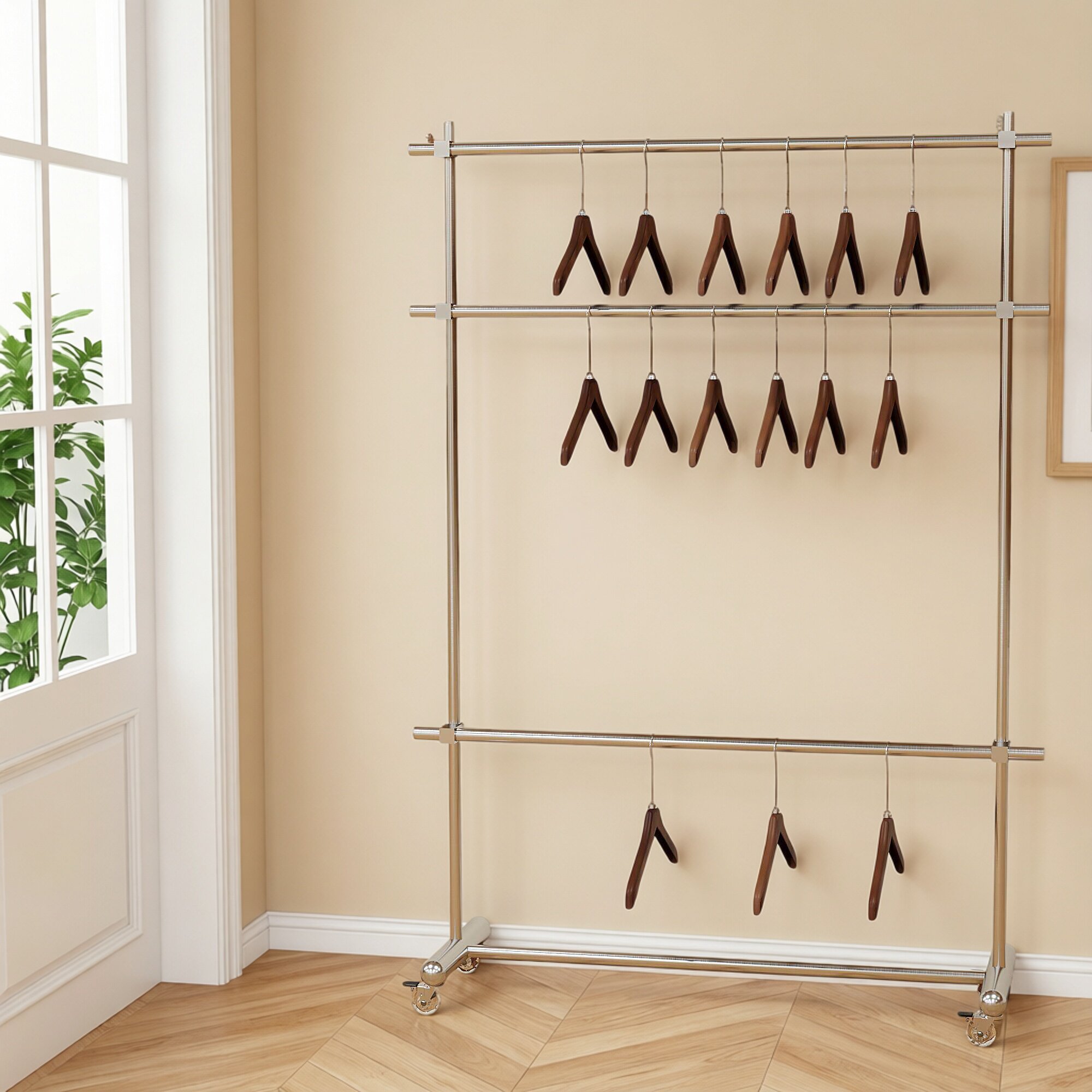 可调节带轮子可移动服装店展示架拉丝不锈钢衣架落地挂衣架家用