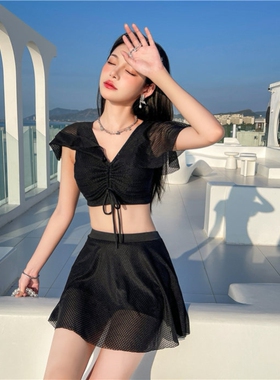 黑色网红风仙显瘦保守分体泳衣女款夏遮肉遮肚微胖女孩泳装高级感