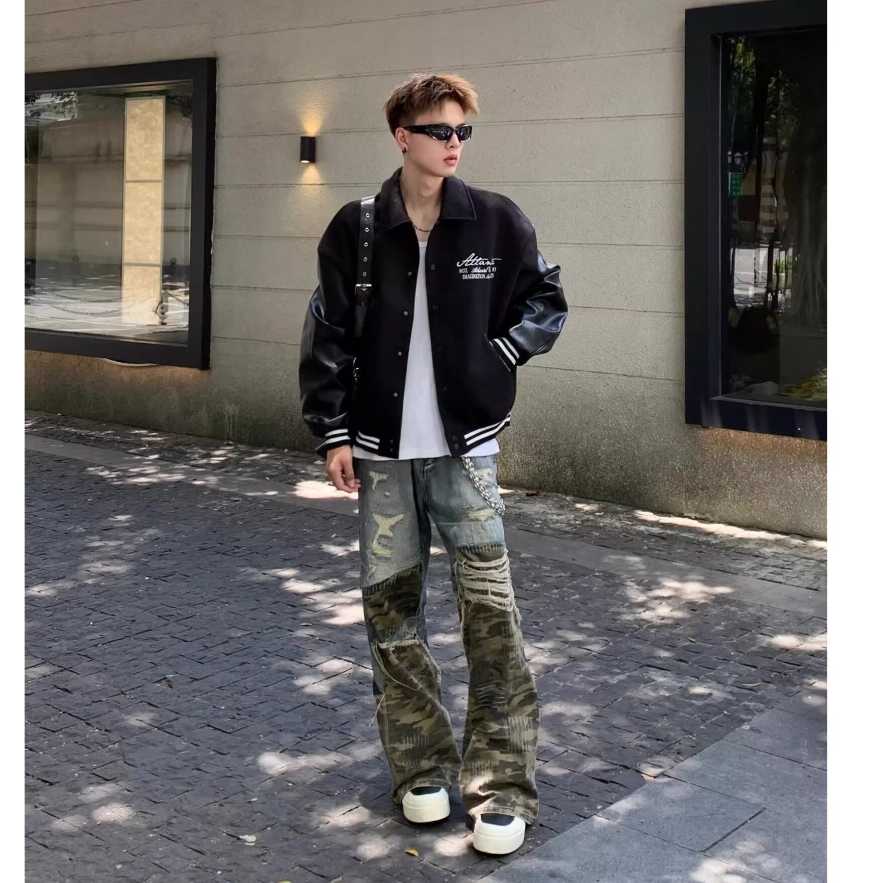 春秋美式街头男女复古破洞牛仔裤潮男百搭拼接拖地裤子微喇叭