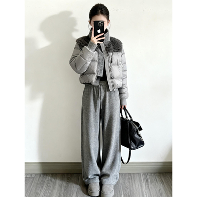 2025超火冬装套装欧货减龄一整套穿搭高级感棉服外套灰色休闲卫裤