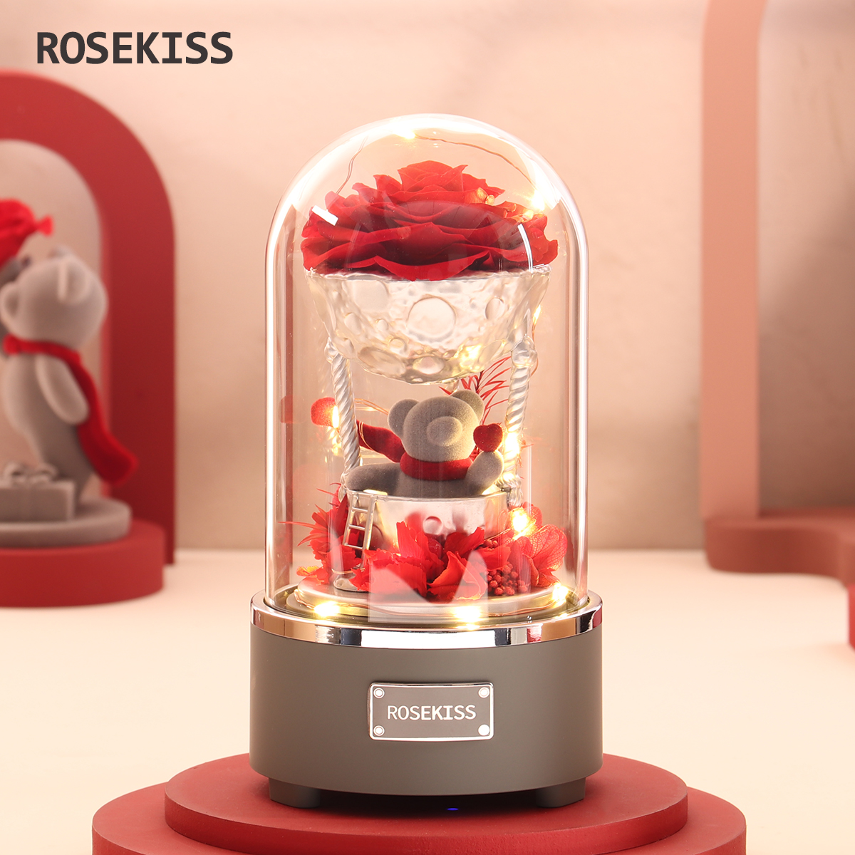 Rosekiss玫瑰永生花告白熊情人节礼盒花束520送女生朋友生日礼物