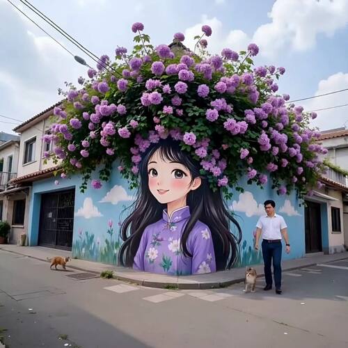 网红彩绘漫画少女花墙店铺装饰