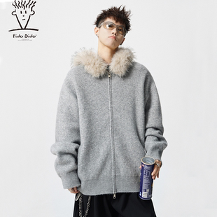 外套 日系简约纯色拉链连帽毛领保暖宽松休闲针织衫 冬 DIDO FIDO