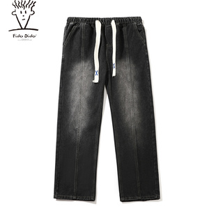 高街松直筒阔腿潮牌青少年长裤 FIDO 美式 复古水洗牛仔裤 DIDO