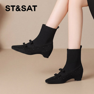 St&Sat/星期六复古尖头坡跟针织弹力袜靴女蝴蝶结黑色美拉德短靴