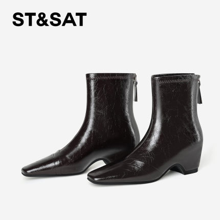 St&Sat/星期六英伦短靴女方头内增高粗跟时装靴黑色百搭真皮女靴