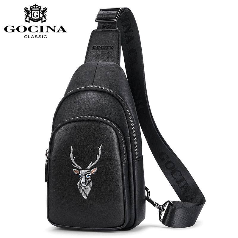 gocina品牌真皮鹿头图腾胸包头层牛皮斜挎包单肩包多功能胸包