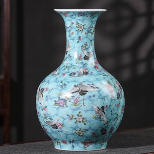 景德镇鼎瓷精品手工《蓝地飞鹤》珐琅彩陶瓷大花瓶配木质底座