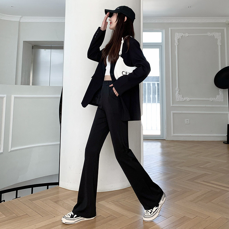 2023新款秋冬高腰弹力修身显瘦垂感韩版黑色微喇叭长裤拖地裤女