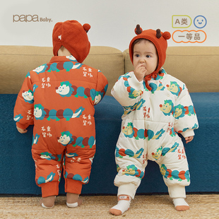 papa爬爬冬季 男女宝宝夹棉连体衣婴儿爬服加厚衣服保暖新年服 新款
